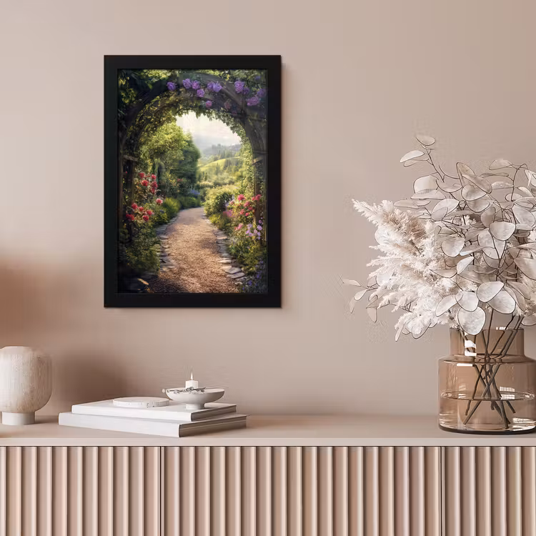 Doorkijk - Landschap - Bloemen - Tuinboog - Natuur fotolijst zwart zonder passe partout klein -sfeer5