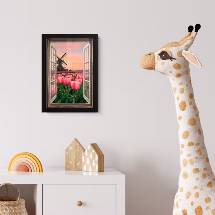 Doorkijk - Tulpen - Bloemen - Molen - Raam fotolijst zwart zonder passe partout klein -usfeer4_kinderkamer