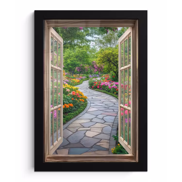 Doorkijk - Bloemen - Tuinpad - Natuur - Raam fotolijst zwart zonder passe partout klein -3d