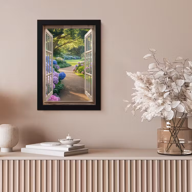 Doorkijk - Tuin - Raam - Hortensia - Bloemen fotolijst zwart zonder passe partout klein -sfeer5