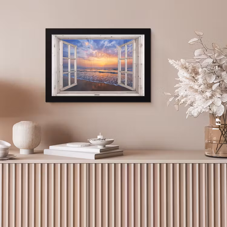 Doorkijk - Zee - Strand - Zonsondergang - Blauw fotolijst zwart zonder passe partout klein -sfeer5