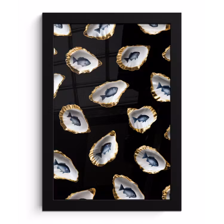 Oesters - Vissen - Blauw - Goud fotolijst zwart zonder passe partout klein -3d