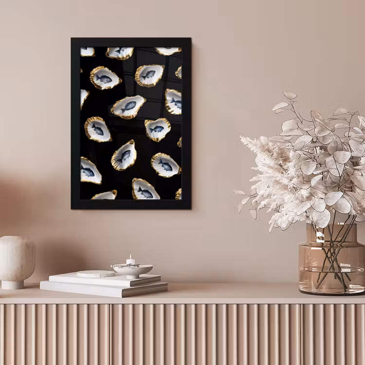 Oesters - Vissen - Blauw - Goud fotolijst zwart zonder passe partout klein -sfeer5