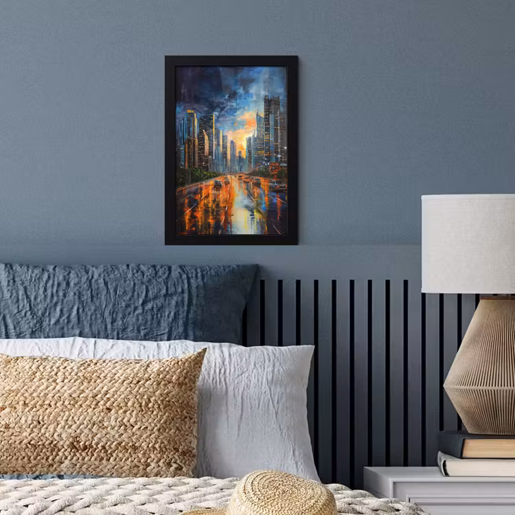 Auto - Skyline - Zon - Blauw fotolijst zwart zonder passe partout klein -sfeer3