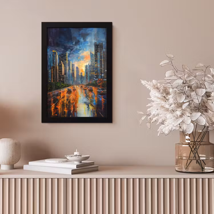 Auto - Skyline - Zon - Blauw fotolijst zwart zonder passe partout klein -sfeer5