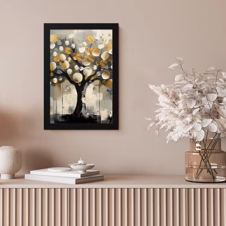 Boom - Abstract - Beige - Goud - Zwart fotolijst zwart zonder passe partout klein -sfeer5