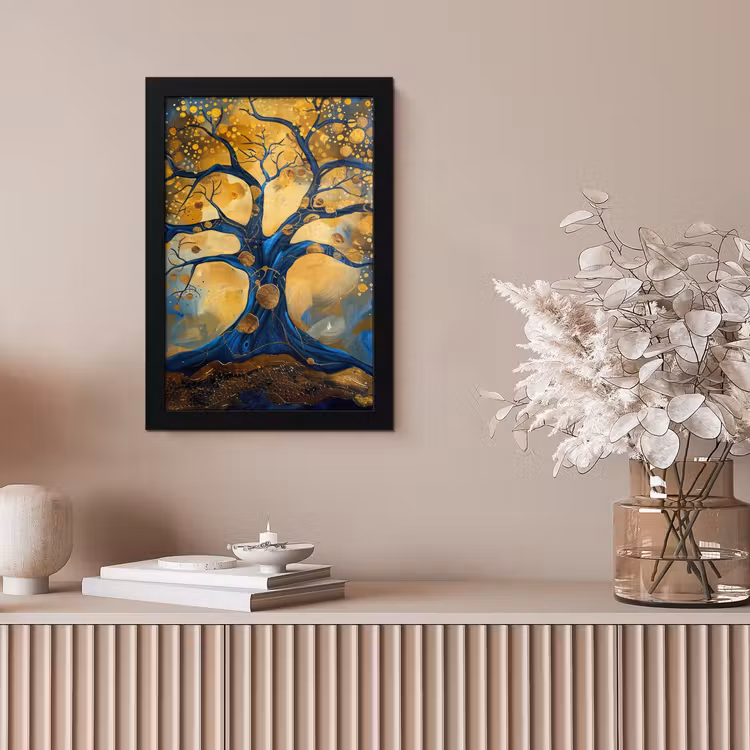 Boom - Levensboom - Blauw - Goud fotolijst zwart zonder passe partout klein -sfeer5