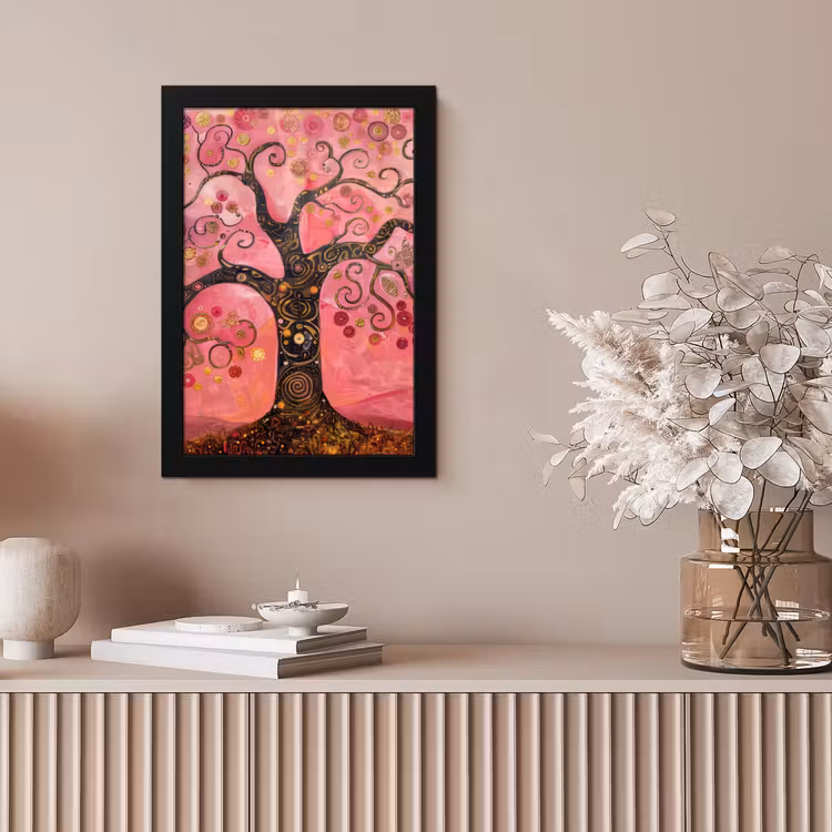 Boom - Levensboom - Roze - Goud fotolijst zwart zonder passe partout klein -sfeer5