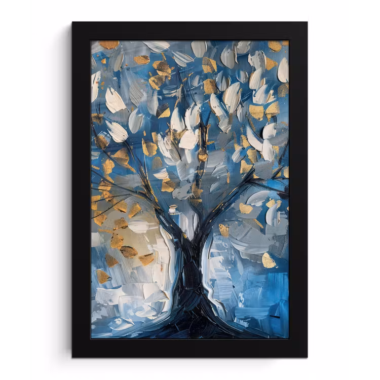 Boom - Blauw - Goud - Abstract fotolijst zwart zonder passe partout klein -3d