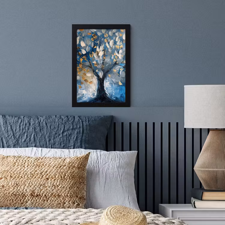 Boom - Blauw - Goud - Abstract fotolijst zwart zonder passe partout klein -sfeer3