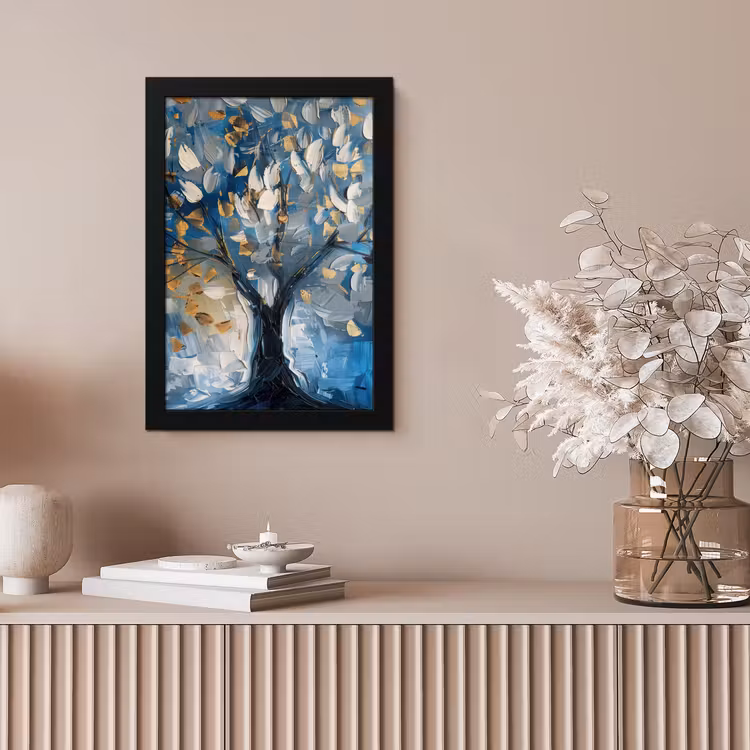 Boom - Blauw - Goud - Abstract fotolijst zwart zonder passe partout klein -sfeer5