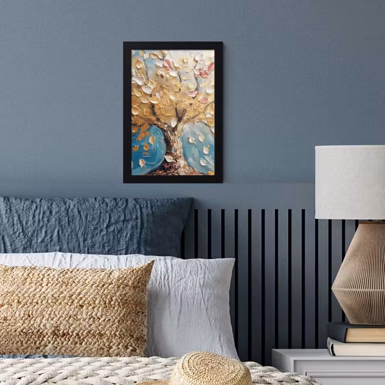 Boom - Blauw - Goud - Abstract - Modern fotolijst zwart zonder passe partout klein -sfeer3