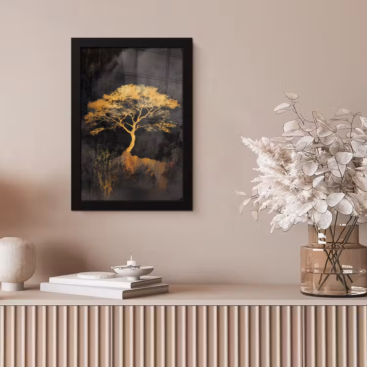 Boom - Schilderij - Goud - Abstract fotolijst zwart zonder passe partout klein -sfeer5