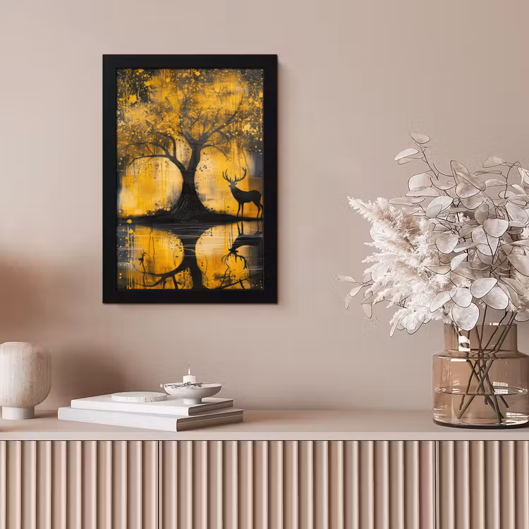 Boom - Verflook - Hert - Natuur - Goud fotolijst zwart zonder passe partout klein -sfeer5