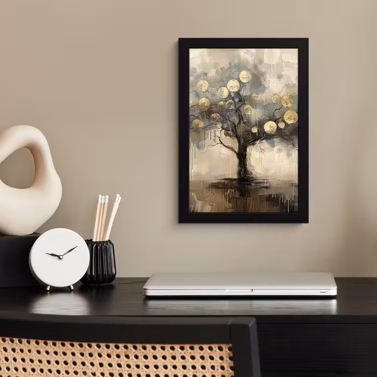 Beige - Abstract - Boom - Goud fotolijst zwart zonder passe partout klein -sfeer1
