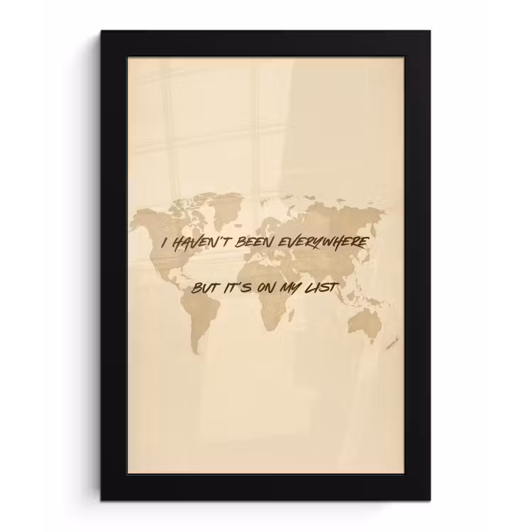 Beige - Wereldkaart - Quote - Handgeschreven fotolijst zwart zonder passe partout klein -3d