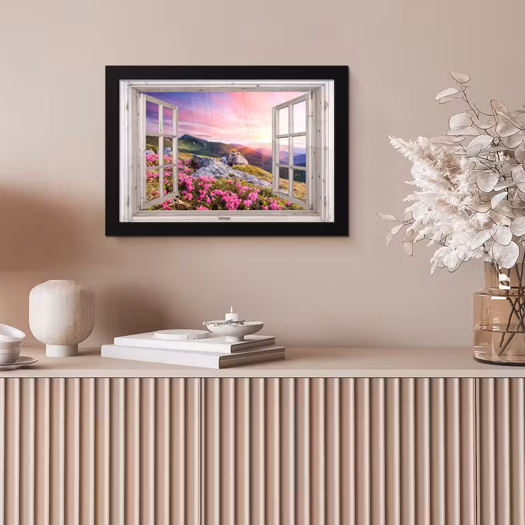 Bergen - Landschap - Doorkijk - Bloemen - Avond - Roze fotolijst zwart zonder passe partout klein -sfeer5