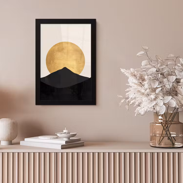 Bergsilhouetten - Gouden cirkel - Beige fotolijst zwart zonder passe partout klein -sfeer5