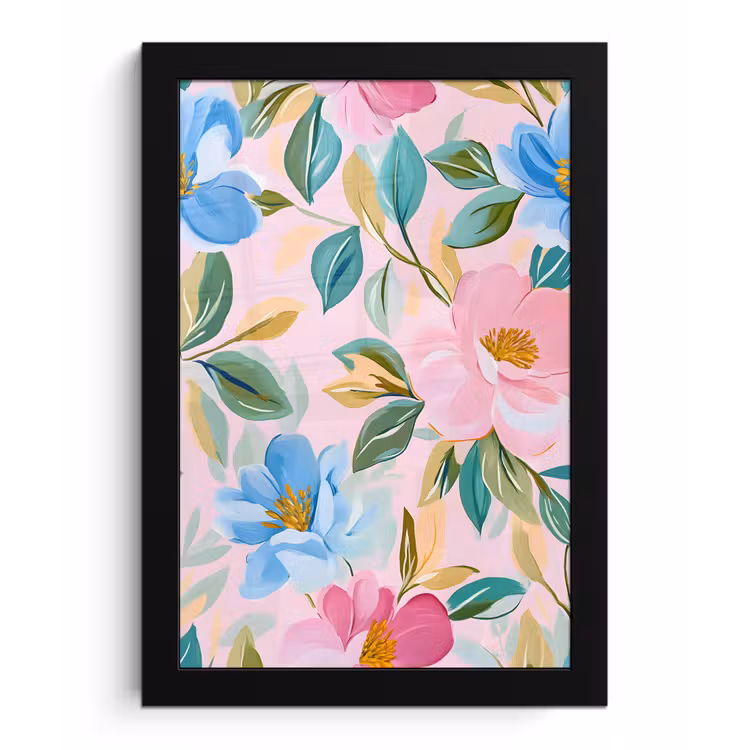 Blauw - Roze - Bloemen fotolijst zwart zonder passe partout klein -3d