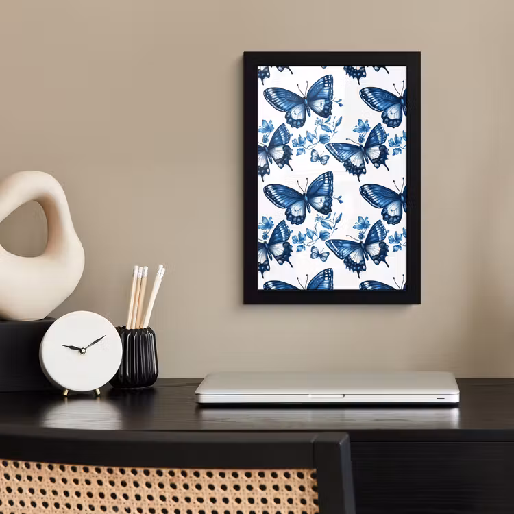 Blauw - Vlinders - Bloemen - Wit fotolijst zwart zonder passe partout klein 224 -sfeer1