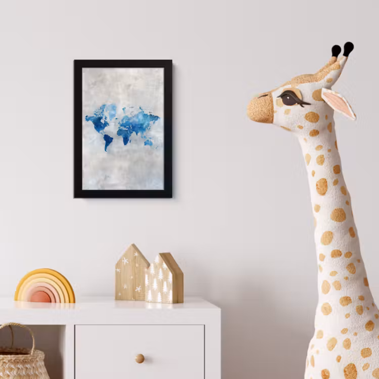 Blauw - Wolken - Textuur - Wereldkaart fotolijst zwart zonder passe partout klein -usfeer4_kinderkamer