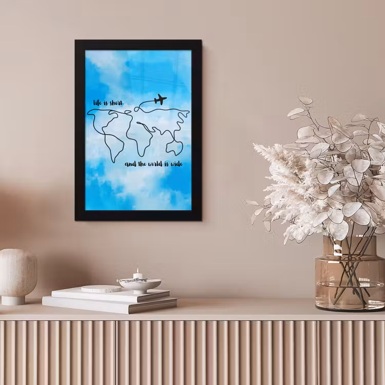 Blauw - Quote - Wereldkaart fotolijst zwart zonder passe partout klein -sfeer5
