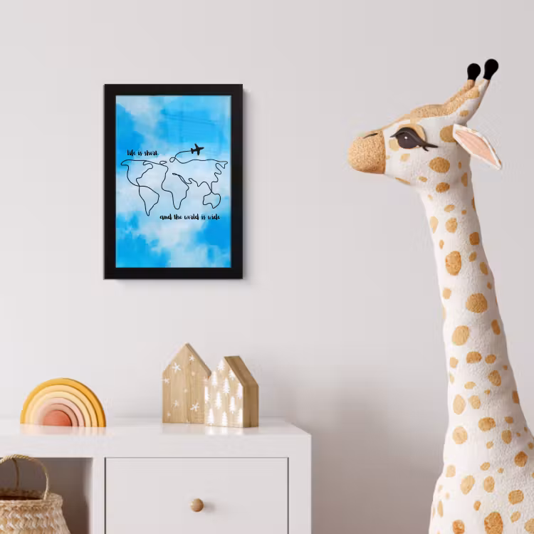 Blauw - Quote - Wereldkaart fotolijst zwart zonder passe partout klein -usfeer4_kinderkamer