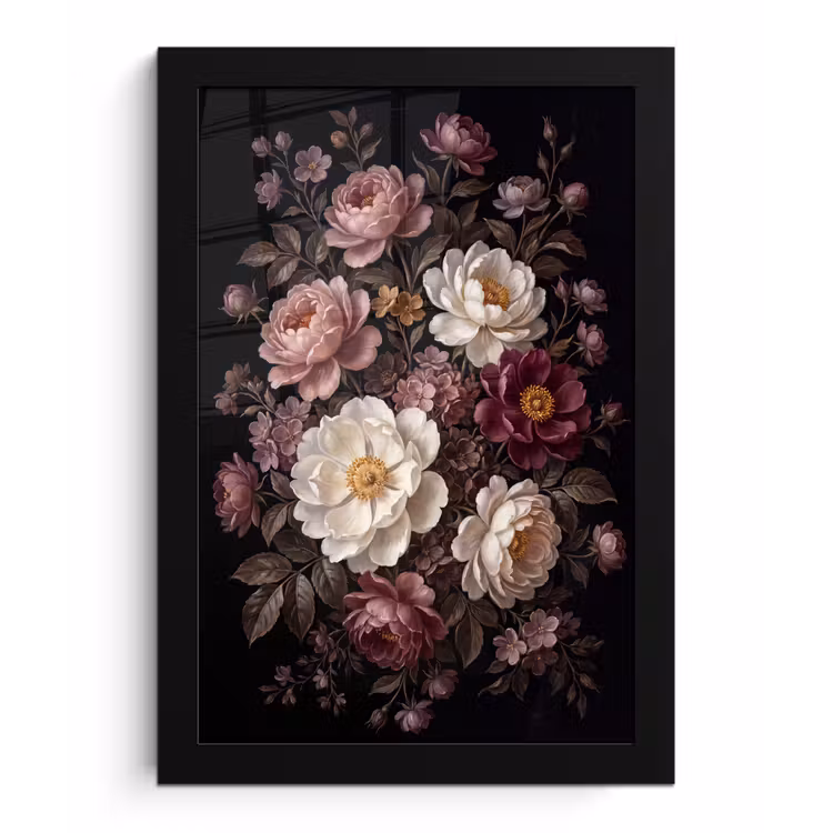 Bloemen - Boeket - Klassiek - Donker - Rood fotolijst zwart zonder passe partout klein -3d