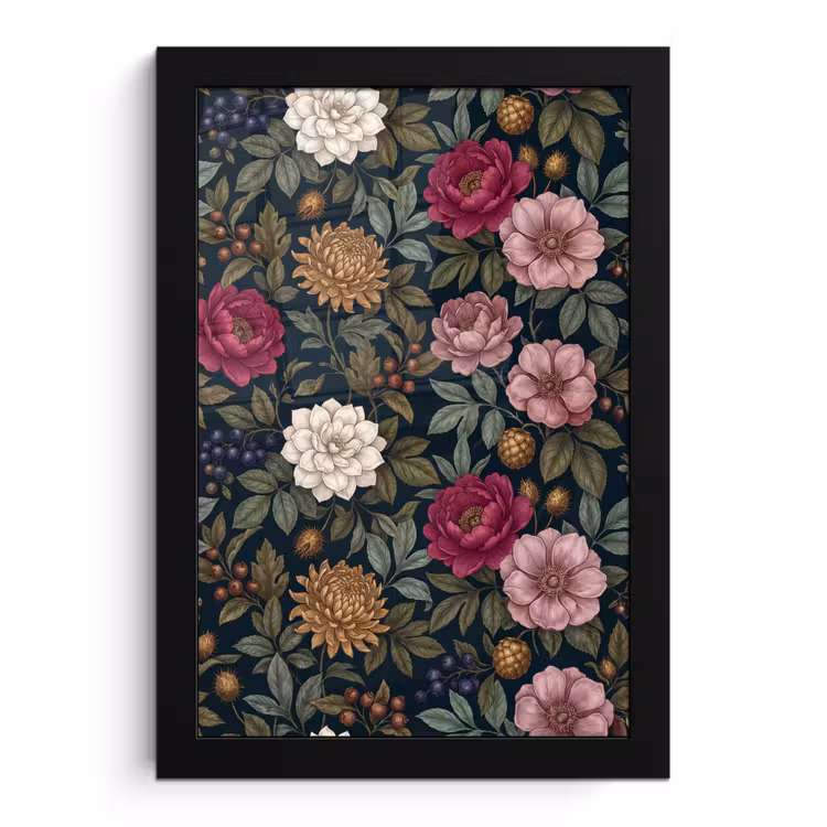 Bloemen - Botanisch - Illustratie - Donker - Vintage fotolijst zwart zonder passe partout klein -3d