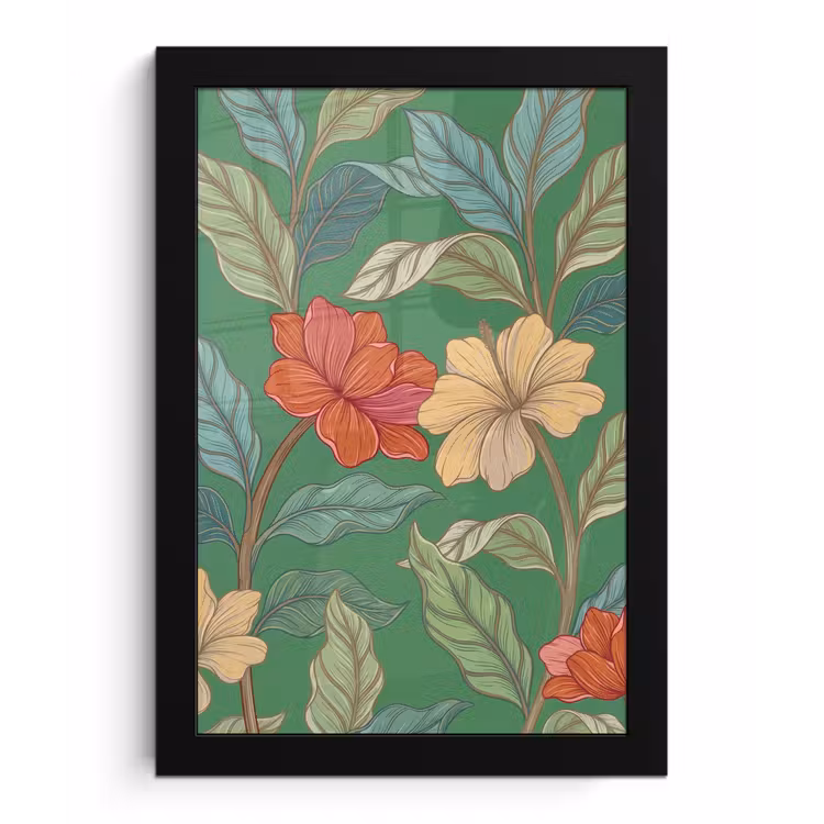 Bilder mit Rahmen - Blumen – Grün – Illustration - Bloemen - Groen - Illustratie fotolijst zwart zonder passe partout klein