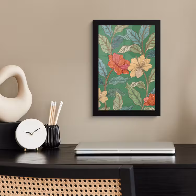 Bilder mit Rahmen - Blumen – Grün – Illustration - Bloemen - Groen - Illustratie fotolijst zwart zonder passe partout klein