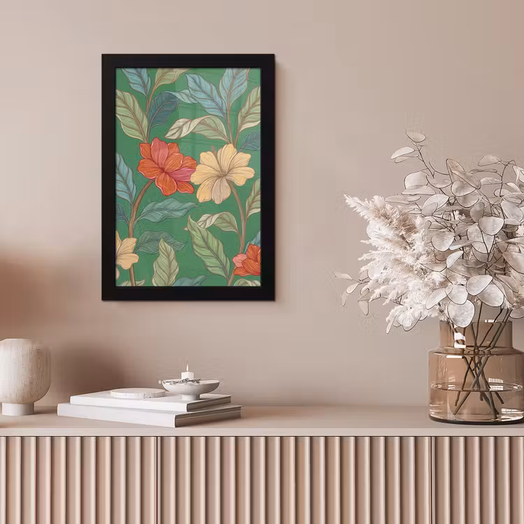 Bilder mit Rahmen - Blumen – Grün – Illustration - Bloemen - Groen - Illustratie fotolijst zwart zonder passe partout klein