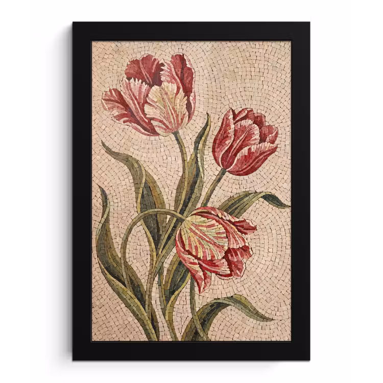 Bloemen - Mozaïek - Rood - Groen - Kunst fotolijst zwart zonder passe partout klein -3d