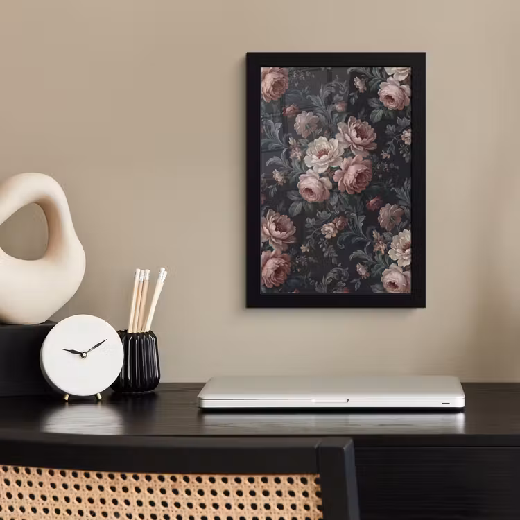 Bloemen - Patroon - Sierlijk - Roze - Donker fotolijst zwart zonder passe partout klein -sfeer1