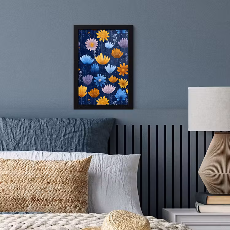 Bloemen - Patroon - Blauw - Contrast fotolijst zwart zonder passe partout klein -sfeer3