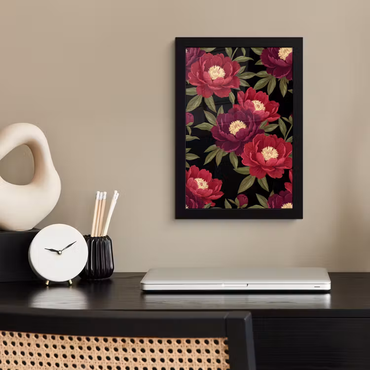 Bloemen - Patroon - Botanisch - Rood - Zwart fotolijst zwart zonder passe partout klein -sfeer1