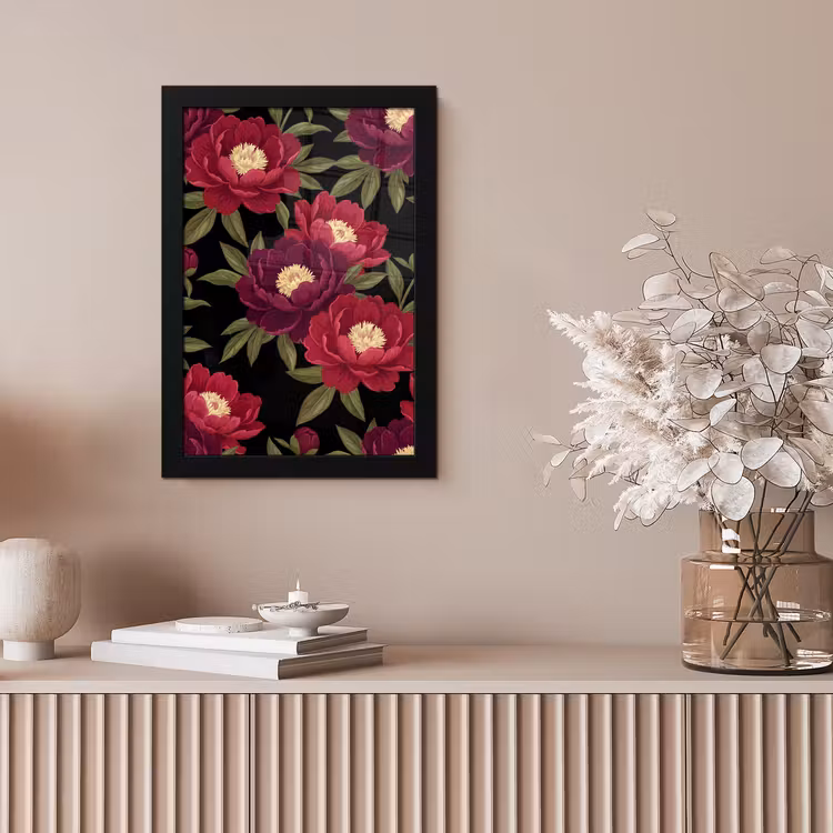 Bloemen - Patroon - Botanisch - Rood - Zwart fotolijst zwart zonder passe partout klein -sfeer5