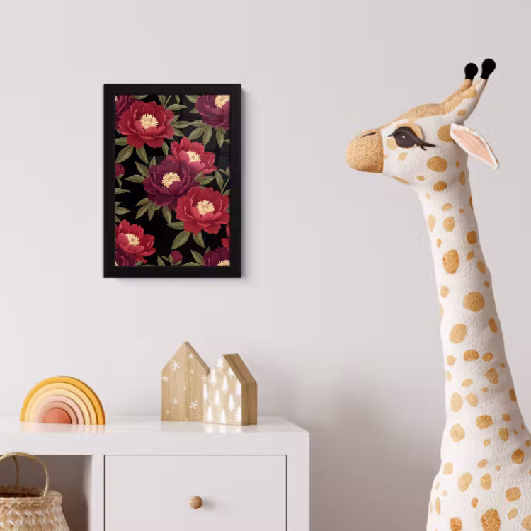 Bloemen - Patroon - Botanisch - Rood - Zwart fotolijst zwart zonder passe partout klein -usfeer4_kinderkamer