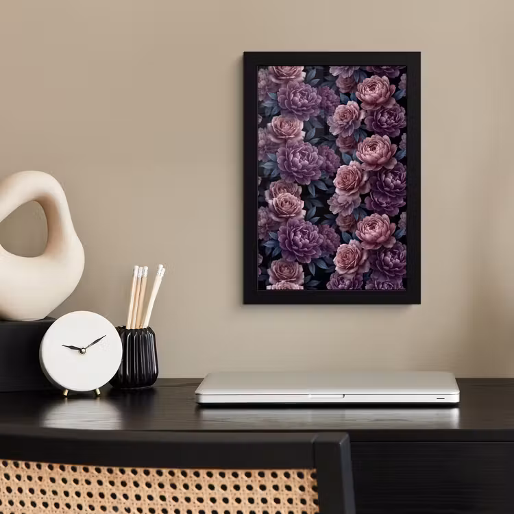 Bloemen - Patroon - Donker - Botanisch - Paars fotolijst zwart zonder passe partout klein -sfeer1