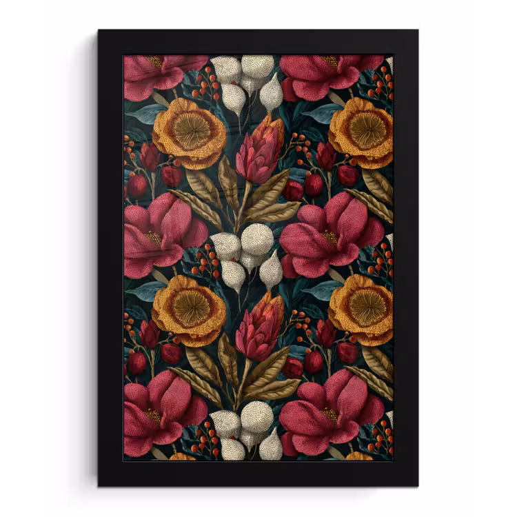Bloemen - Patroon - Rood - Goud fotolijst zwart zonder passe partout klein 224 -3d