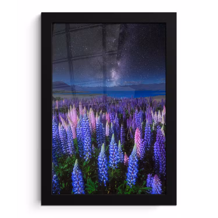 Bloemen - Nacht - Lupine - Sterrenhemel - Paars - Natuur fotolijst zwart zonder passe partout klein -3d