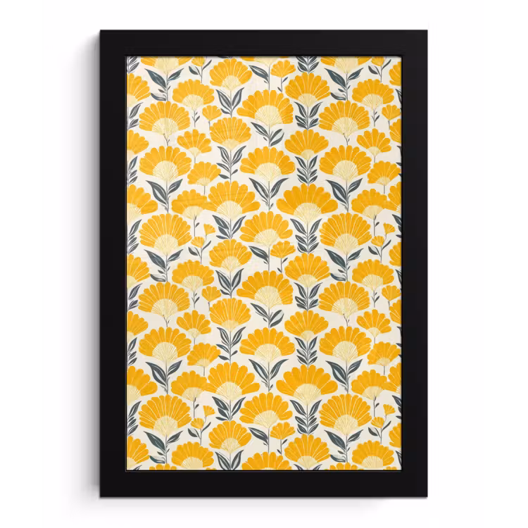 Bloemen - Retro - Botanisch - Okergeel - Grijs fotolijst zwart zonder passe partout klein 224 -3d