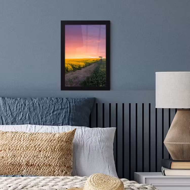 Bloemen - Weg - Lucht - Geel - Paars - Zonsondergang - Natuur fotolijst zwart zonder passe partout klein -sfeer3