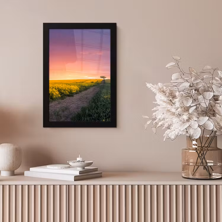Bloemen - Weg - Lucht - Geel - Paars - Zonsondergang - Natuur fotolijst zwart zonder passe partout klein -sfeer5