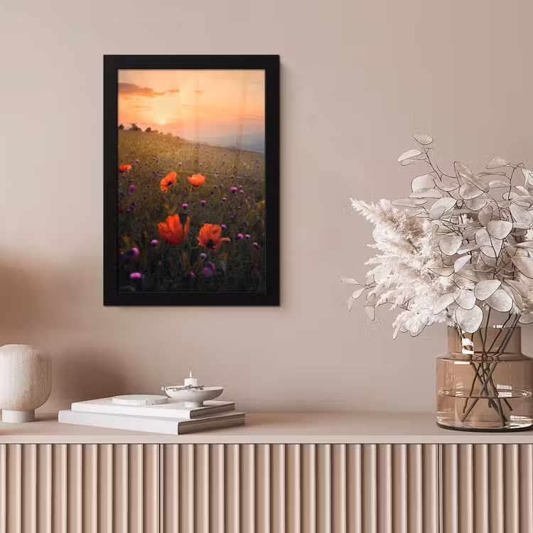 Bloemenveld - Gras - Bloemen - Planten - Zonsondergang - Oranje fotolijst zwart zonder passe partout klein -sfeer5