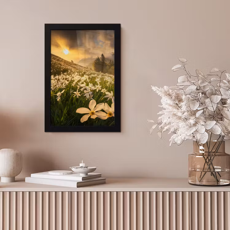 Bloemenveld - Heuvels - Zonsondergang - Berg - Natuur - Wit - Heuvels fotolijst zwart zonder passe partout klein -sfeer5