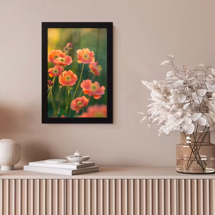 Bloemenveld - Zonnestralen - Oranje fotolijst zwart zonder passe partout klein -sfeer5
