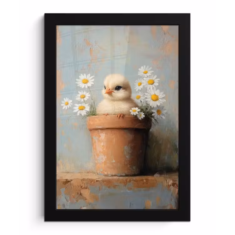 Bloempot - Kuiken - Bloemetjes fotolijst zwart zonder passe partout klein -3d
