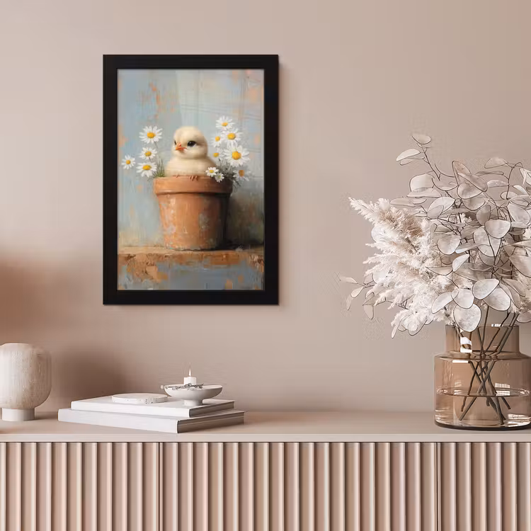 Bloempot - Kuiken - Bloemetjes fotolijst zwart zonder passe partout klein -sfeer5