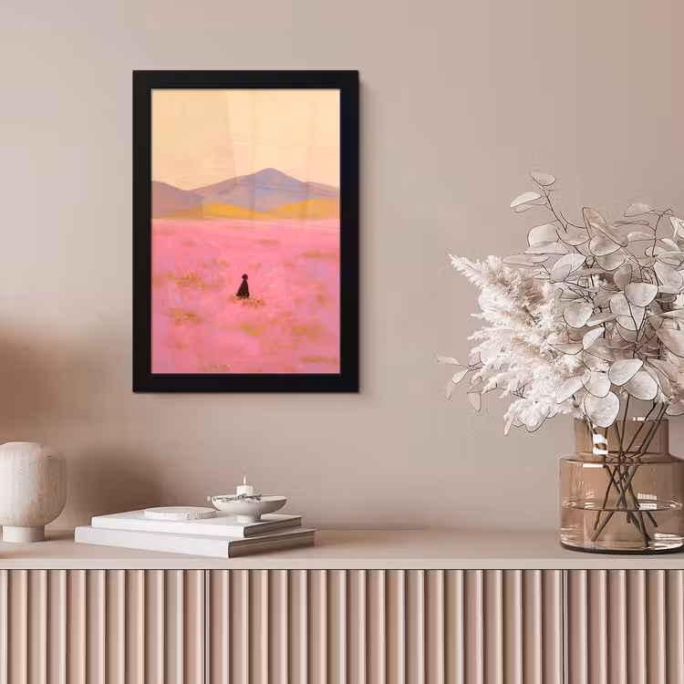 Bloemenweide - Heuvels - Silhouet - Roze fotolijst zwart zonder passe partout klein -sfeer5
